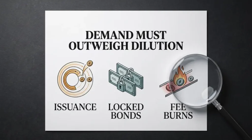 DYM demand graphic comparing issuance, locked bonds and fee burns.