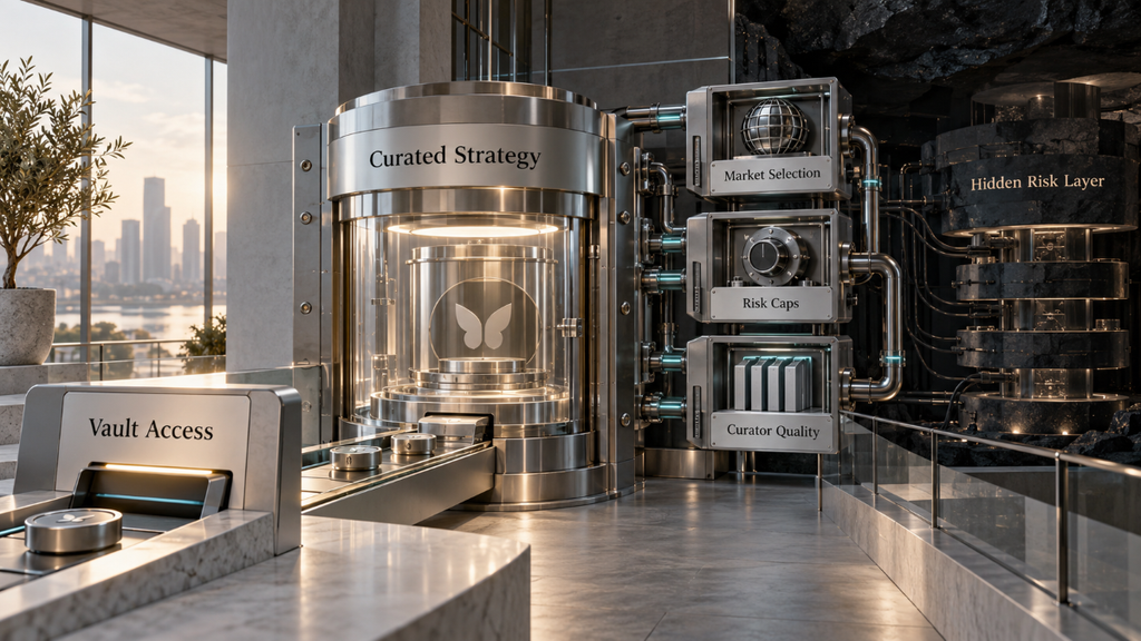 Editorial image showing vault access leading into a curated strategy, with market selection, risk caps, curator quality, and a hidden risk layer behind it