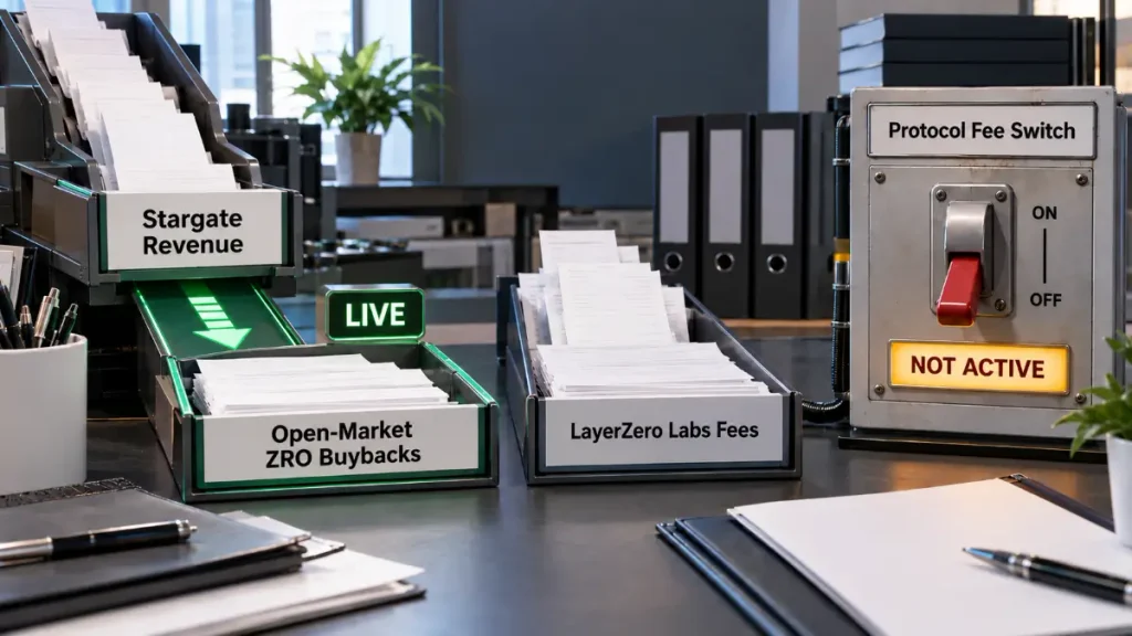 Stargate revenue flowing to open-market ZRO buybacks while LayerZero Labs fees stay separate and the protocol fee switch remains off