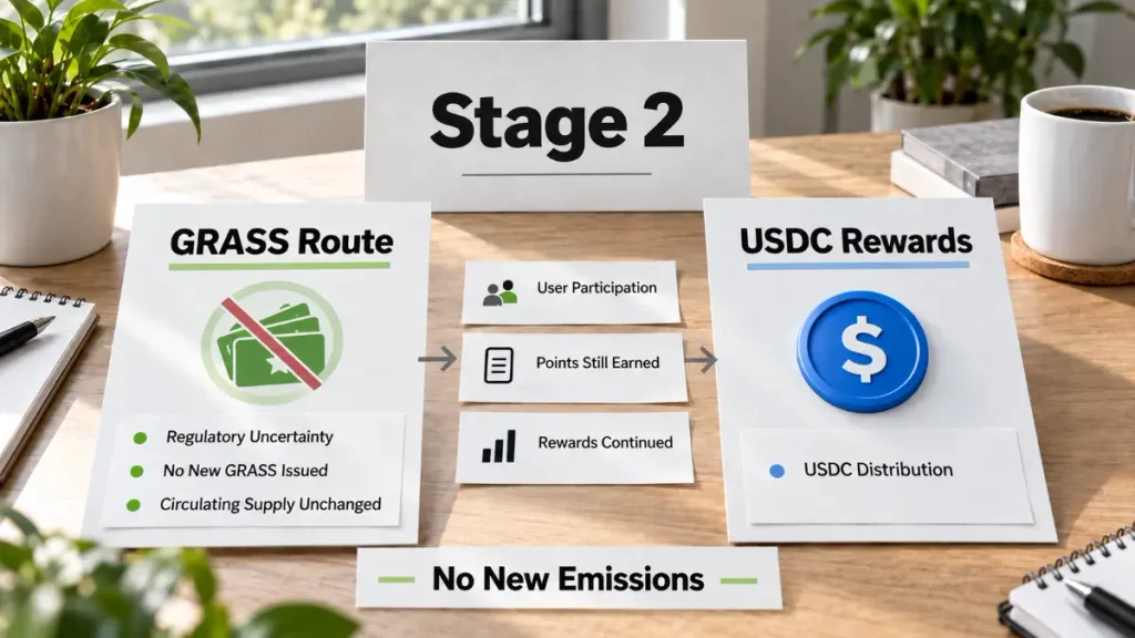 Bright comparison board showing Stage 2 GRASS Route USDC Rewards and No New Emissions