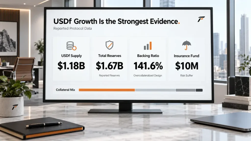 Dashboard showing USDf supply, total reserves, backing ratio, insurance fund, collateral mix