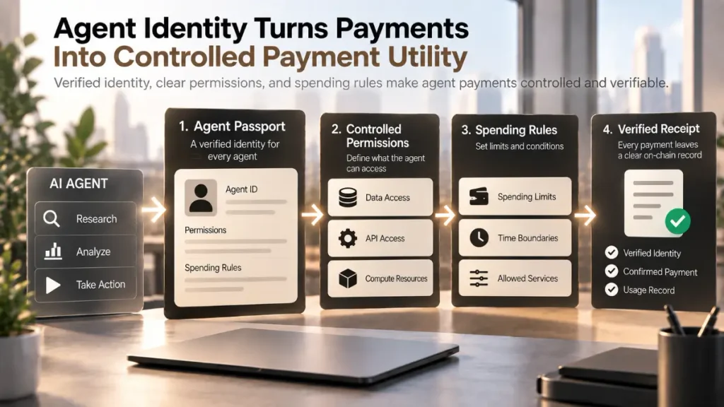 Agent identity dashboard showing passport, controlled permissions, spending rules, service access, verified receipt