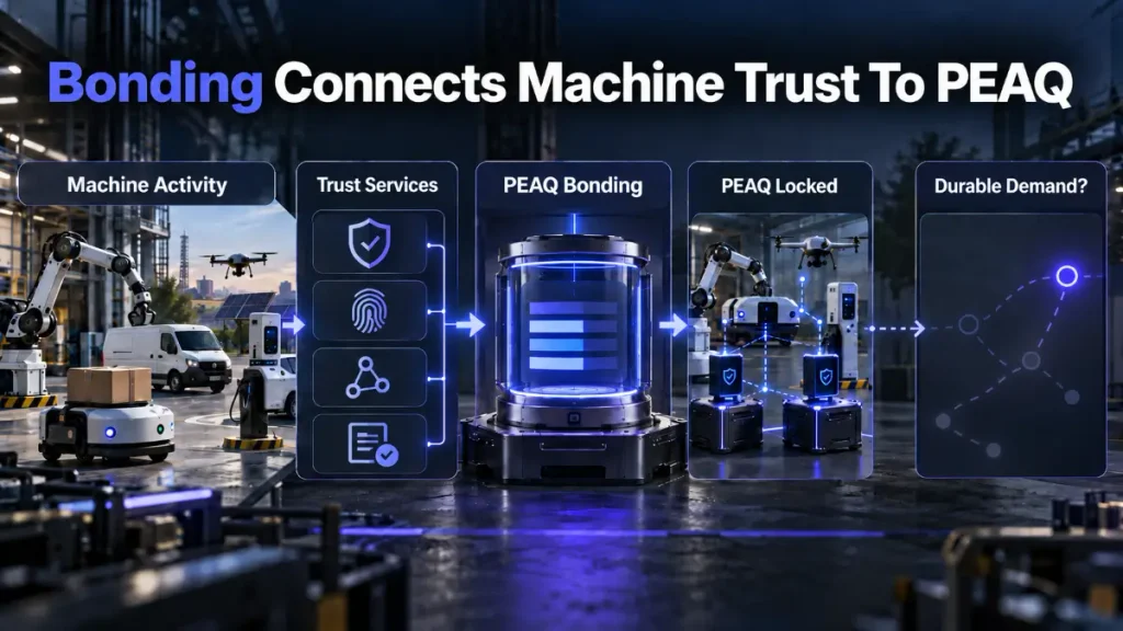Active machines connecting through trust services, PEAQ bonding, locked participation, unresolved durable demand