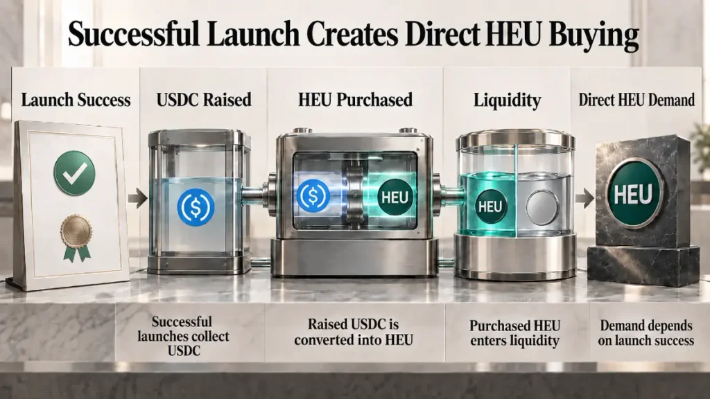 Five stage flow shows USDC raised, HEU purchased, liquidity, direct demand