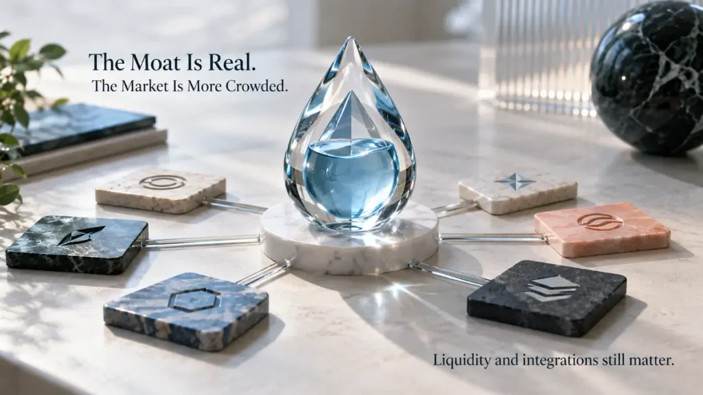 A central liquid staking asset connected to several competing routes, showing strong liquidity advantages alongside rising competition