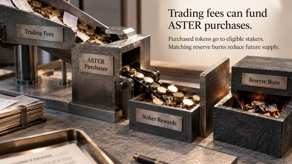 Metallic discs move from trading fees through ASTER purchases into a staker rewards tray