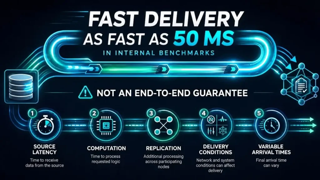 Internal 50-millisecond benchmark shown beside source latency, computation, replication, delivery conditions and variable arrival times