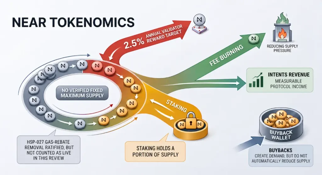 NEAR tokenomics showing validator rewards, fee burning, staking, Intents revenue and buyback demand