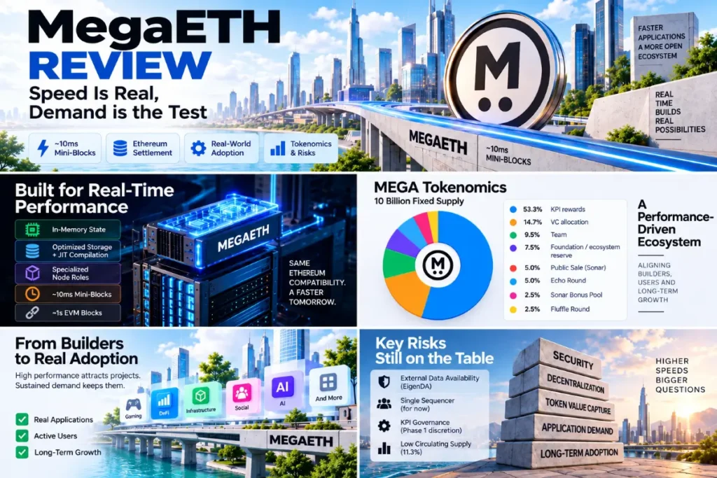 MegaETH Review visual showing mini-block performance, MEGA token allocation, EigenDA and key network risks