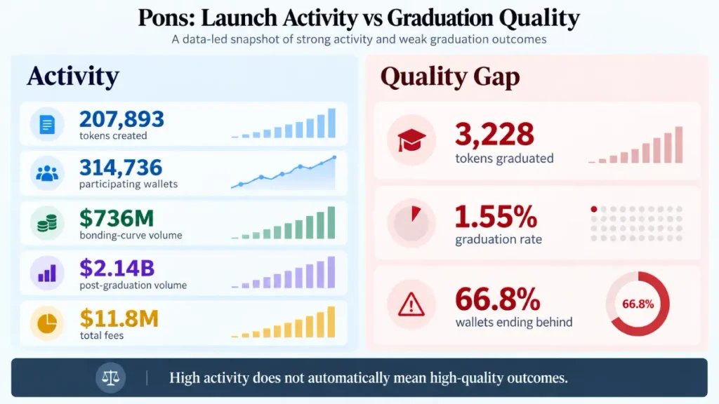 Infographic comparing Pons token launches, trading volume, graduation rate and wallet outcomes