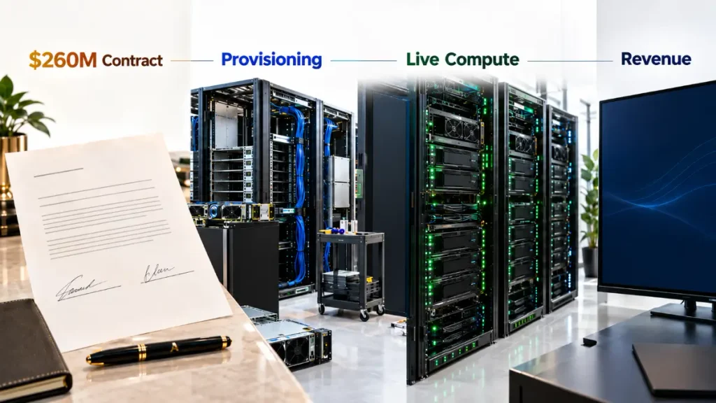 Aethir Axe Compute agreement showing contract, GPU provisioning, live compute and revenue stages