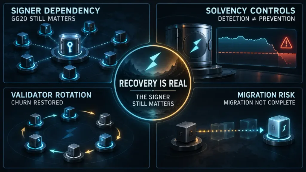 THORChain risk panels covering GG20 signer dependency, solvency monitoring, validator rotation and incomplete cryptographic migration