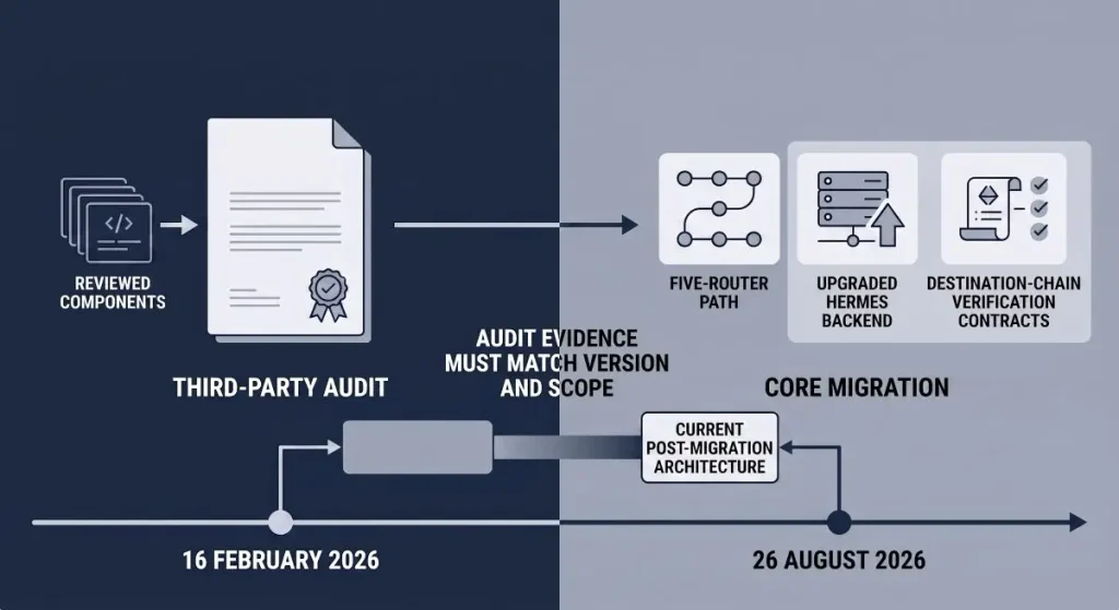 February 2026 audit evidence compared with August 2026 five-router path, upgraded Hermes backend, destination-chain verification contracts