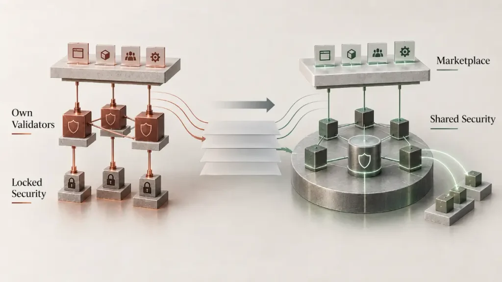 Akash validator model transitioning from locked sovereign security to shared security while the marketplace continues operating