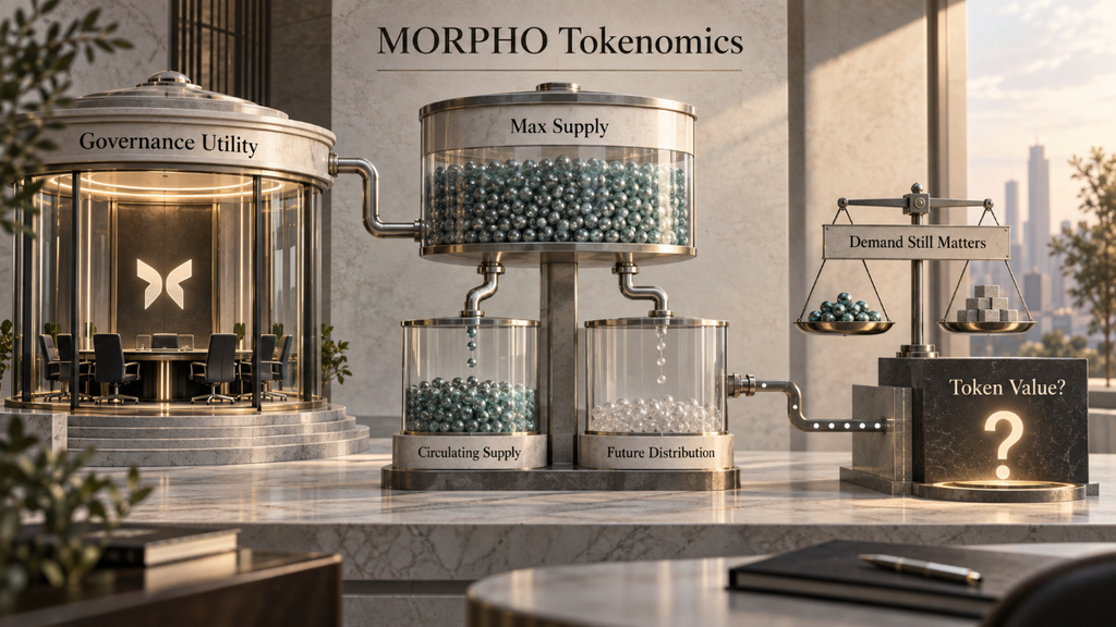 Editorial image showing MORPHO governance utility, max supply, circulating supply, future distribution, demand, and an unresolved token value question