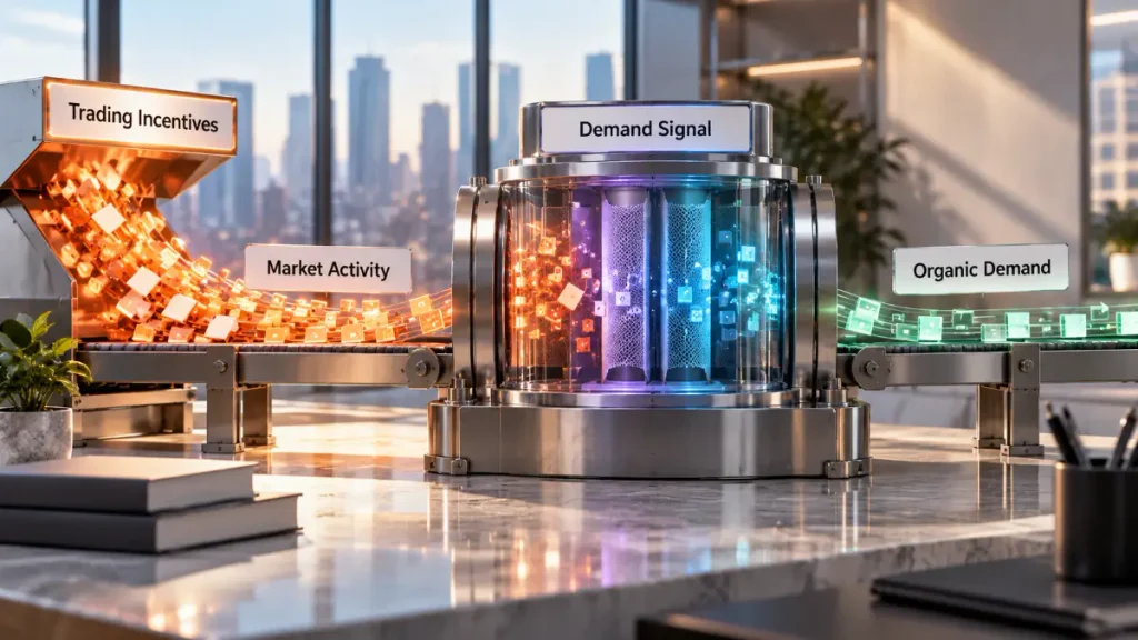 Trading incentives creating heavy market activity that passes through a demand-signal filter before revealing steadier organic demand