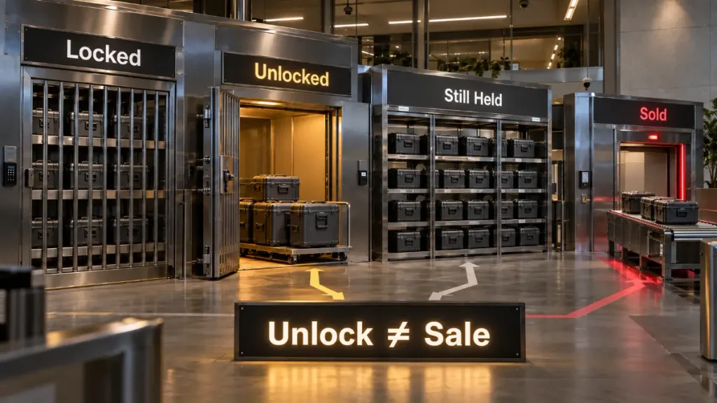 Token supply moving from locked to unlocked, with released tokens separated between still held and sold