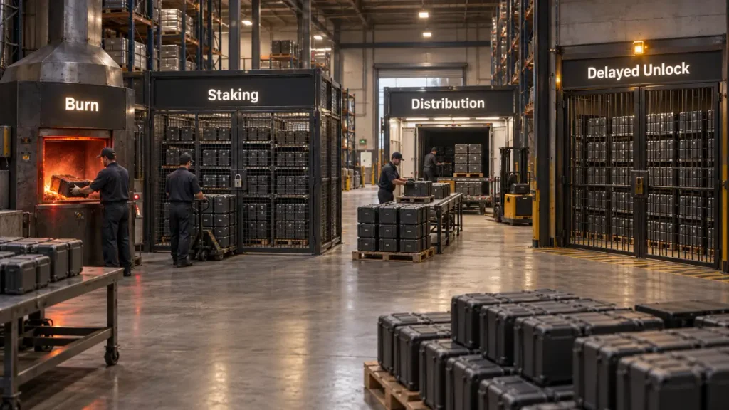 Separate burn, staking, distribution and delayed unlock areas inside a SOMI token supply warehouse