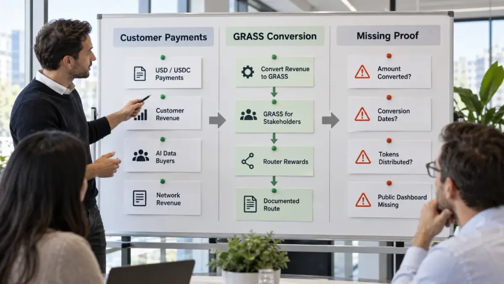 Whiteboard showing Customer Payments GRASS Conversion and Missing Proof with questions about amounts dates and distribution