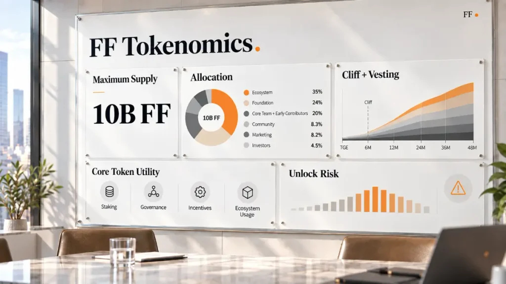 Tokenomics board showing maximum supply, allocation, cliff plus vesting, core token utility, unlock risk