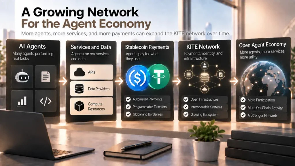Network infographic showing agents, data, services, payments, on-chain receipts, Kite infrastructure, growing usage flow