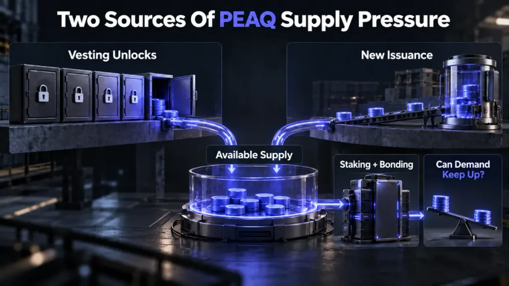 Vesting unlocks and new issuance flowing into available supply, staking, bonding, demand balance