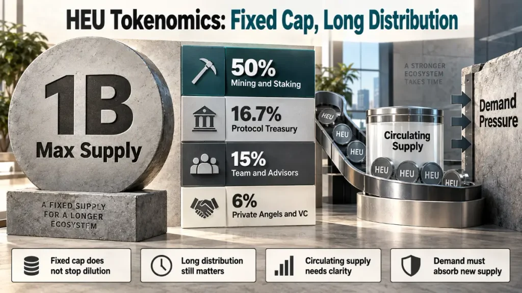 Tokenomics graphic shows published 1B HEU maximum, major allocations, circulating supply pressure