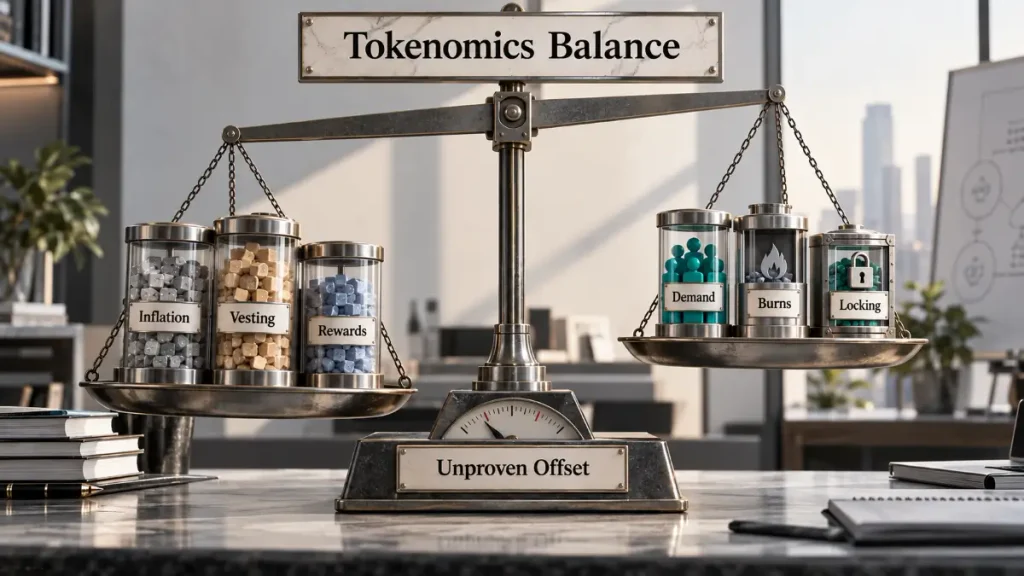 Editorial image showing a tokenomics balance scale with inflation, vesting, and rewards outweighing demand, burns, and locking
