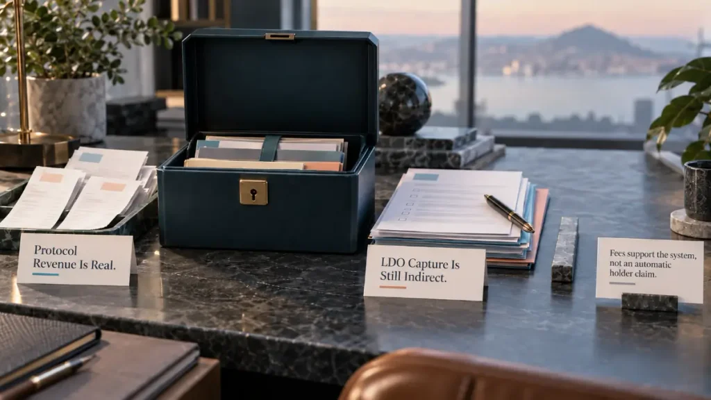 Protocol fee documents and treasury materials beside governance papers, showing an indirect path from revenue to token value
