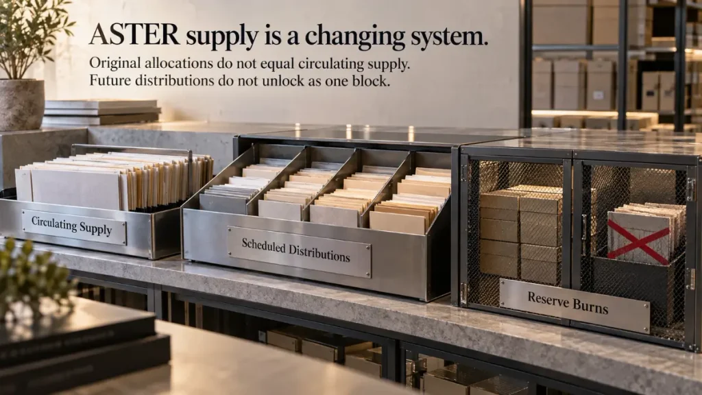 Separate record trays and a locked cabinet represent circulating supply, scheduled distributions, and reserve burns