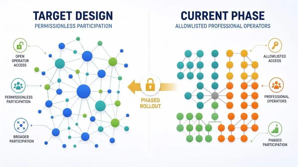 Current professional-operator phase contrasted with broader permissionless participation targeted by future rollout