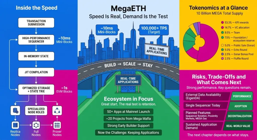Infographic showing application retention, tokenomics, external data availability and planned protocol features
