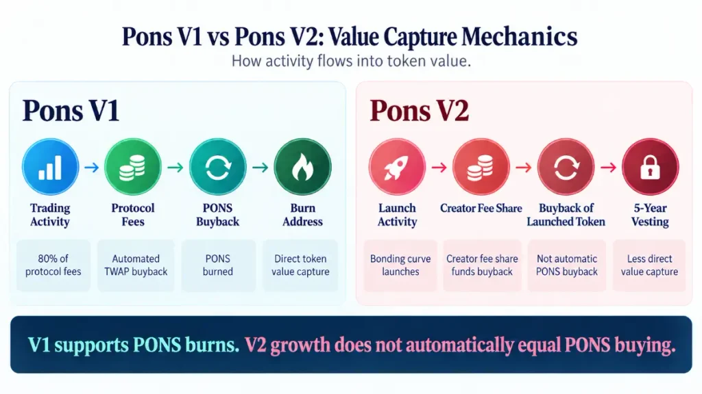 Comparison of Pons V1 PONS buyback and burn flow with V2 launched-token buybacks and five-year vesting