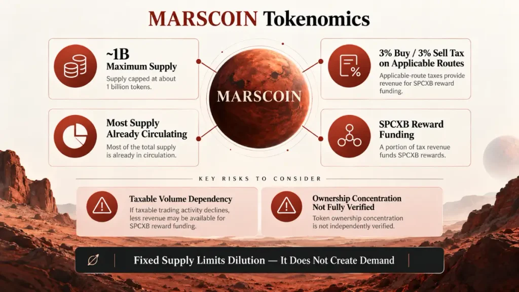 MARSCOIN tokenomics showing about one billion maximum supply, circulating supply, trading taxes and SPCXB reward funding