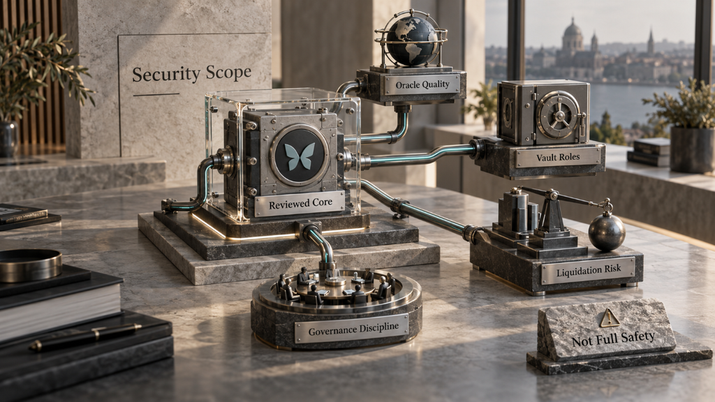 Editorial image showing Morpho reviewed core, oracle quality, vault roles, liquidation risk, governance discipline, and a not full safety warning