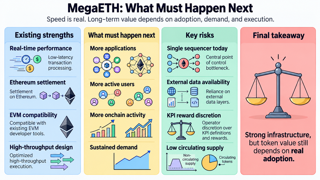 Infographic showing existing network strengths, adoption requirements, KPI discretion and circulating supply risks