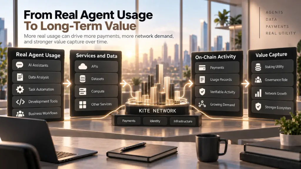 Infographic showing real agent usage, payment volume, fee capture, transparency, sustained demand, long-term value path