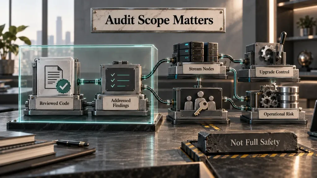Editorial image showing reviewed code and addressed findings inside an audit scope boundary, with stream nodes, upgrade control, and operational risk outside it