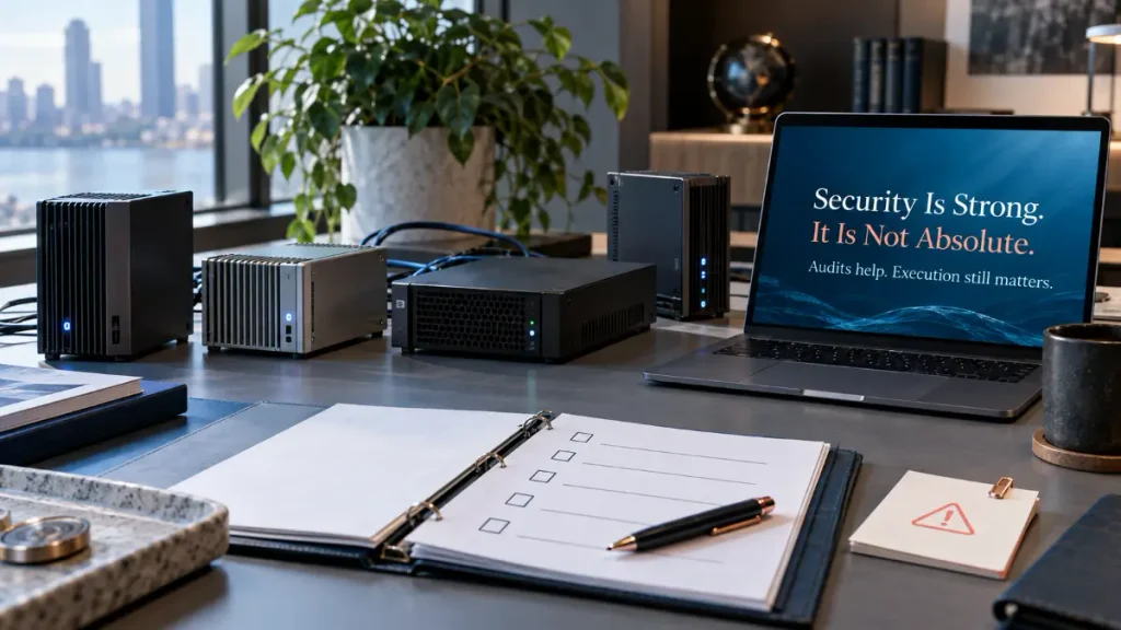 Validator-style hardware beside an audit checklist and risk note, showing strong security controls with remaining operational dependencies
