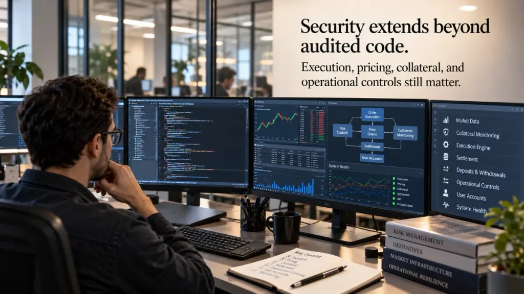 Risk specialist examines code, market charts, and operational monitoring across several computer screens