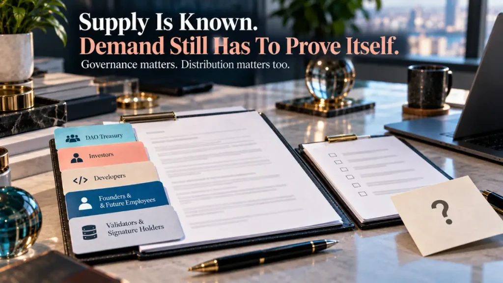 Token allocation cards beside governance documents, showing known supply structure and an unresolved question around long-term demand