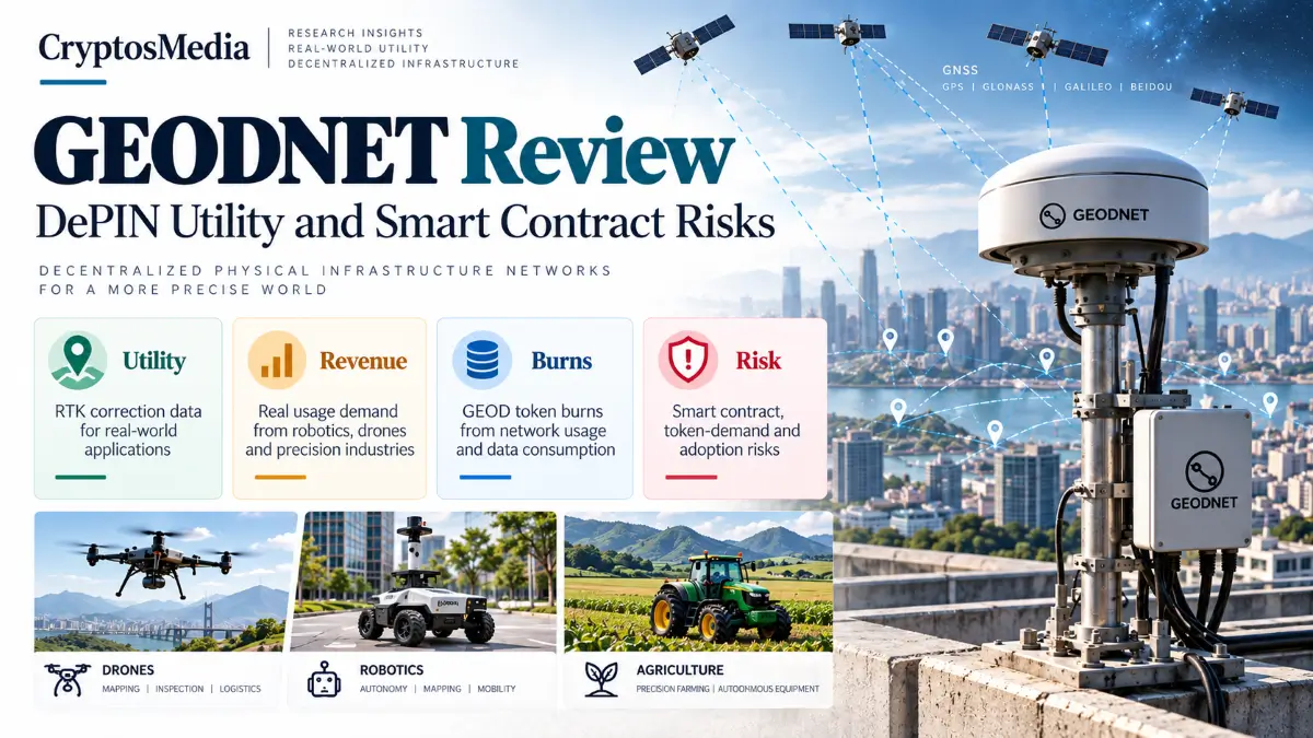 GEODNET Review cover with GNSS receiver, satellites, utility, revenue, burns, and risk cards