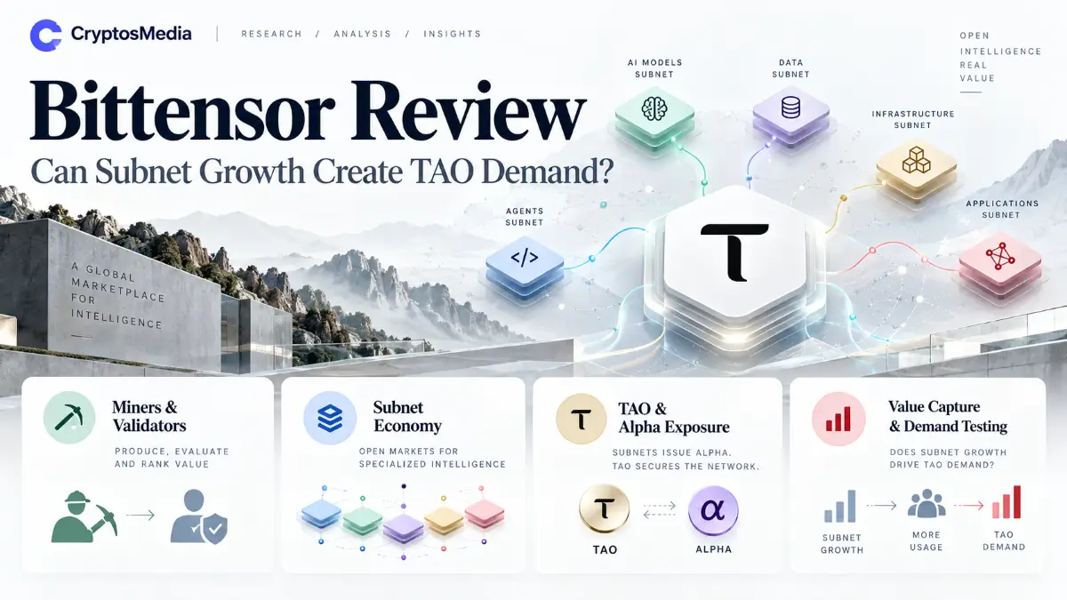 Bittensor review showing subnet markets, miners, validators, TAO, Alpha exposure, and the demand test