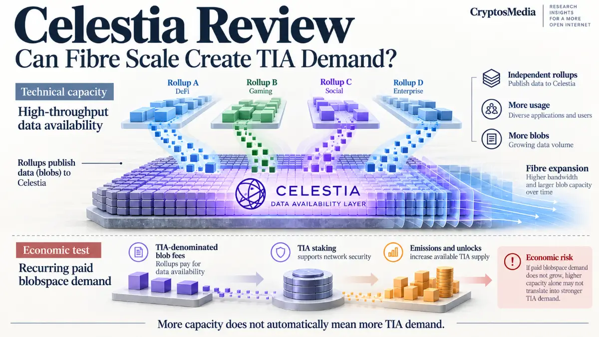 Celestia review infographic showing Fibre capacity, rollup data availability, TIA fees, staking, and supply pressure