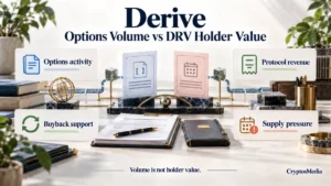 Derive review featured image showing options activity, protocol revenue, buyback support, and supply pressure around DRV holder value