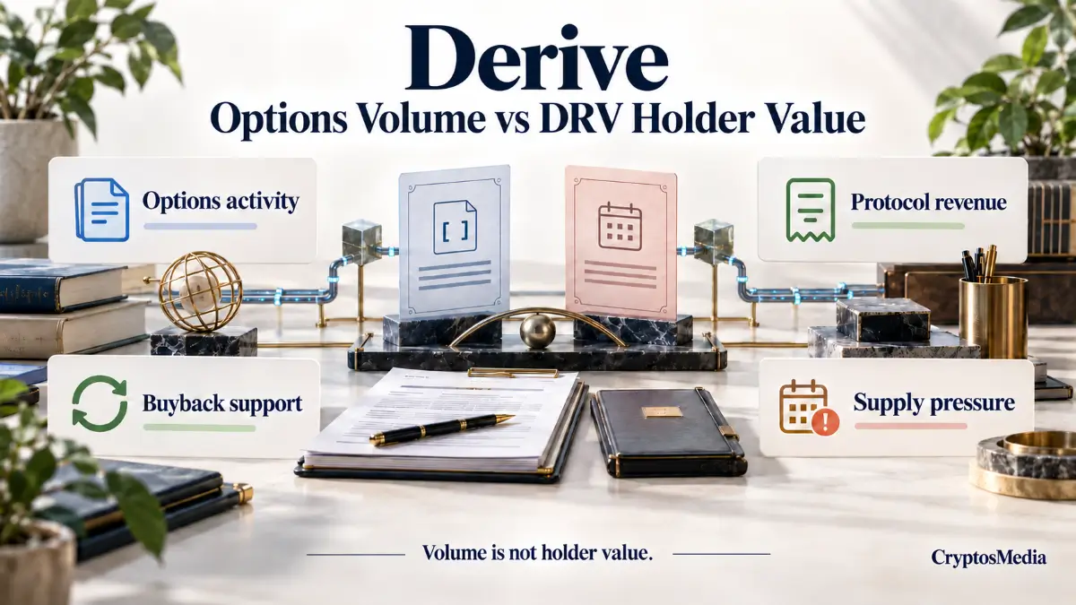 Derive review featured image showing options activity, protocol revenue, buyback support, and supply pressure around DRV holder value