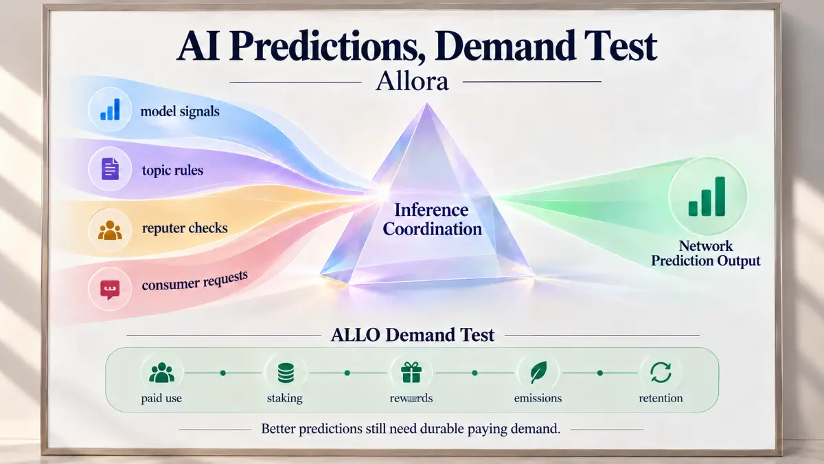 Allora review infographic showing AI prediction streams passing through inference coordination into ALLO demand checkpoints