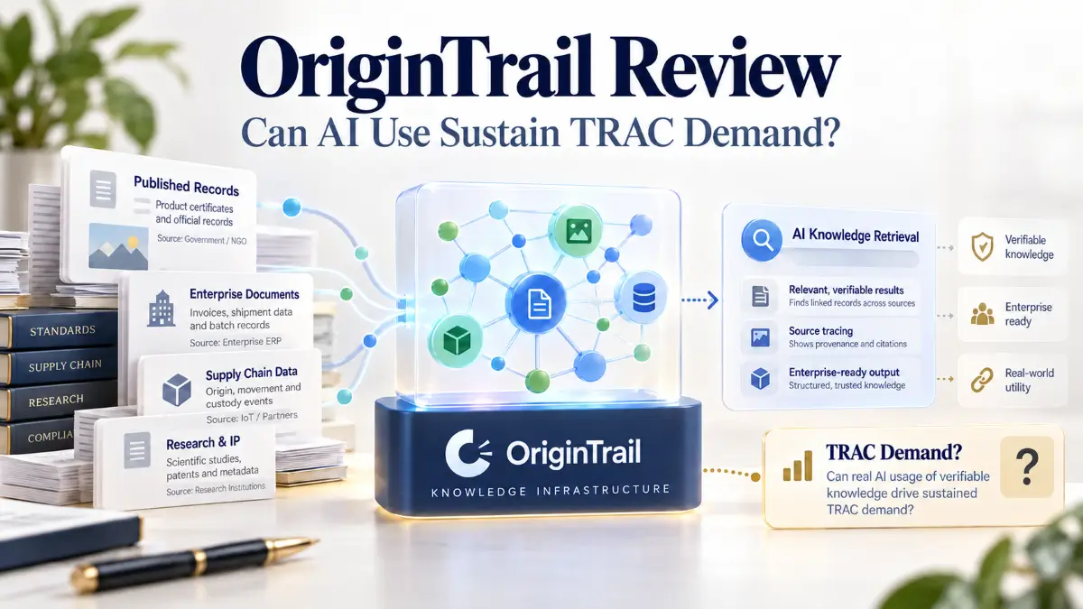 OriginTrail Review graphic connecting knowledge records, AI retrieval, and TRAC demand
