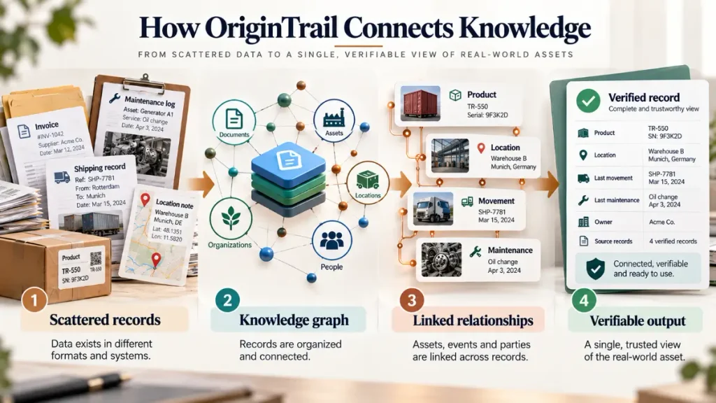 Scattered business records connect through graph relationships into one verified record