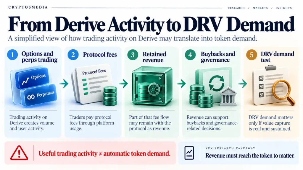 Derive token demand flow diagram showing options trading, protocol fees, retained revenue, buybacks, governance, and a DRV demand test.